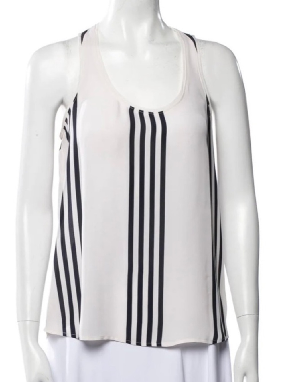 Theory Silk White Tank Top with Navy Vertical Stripes